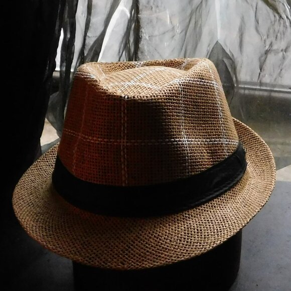 Unisex Straw Fedora - Gangster - Trilby - Summer Hat with white stripes - new - Picture 1 of 4